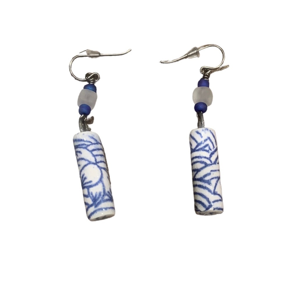 White & Blue Dangling Beads Earrings Set Beads